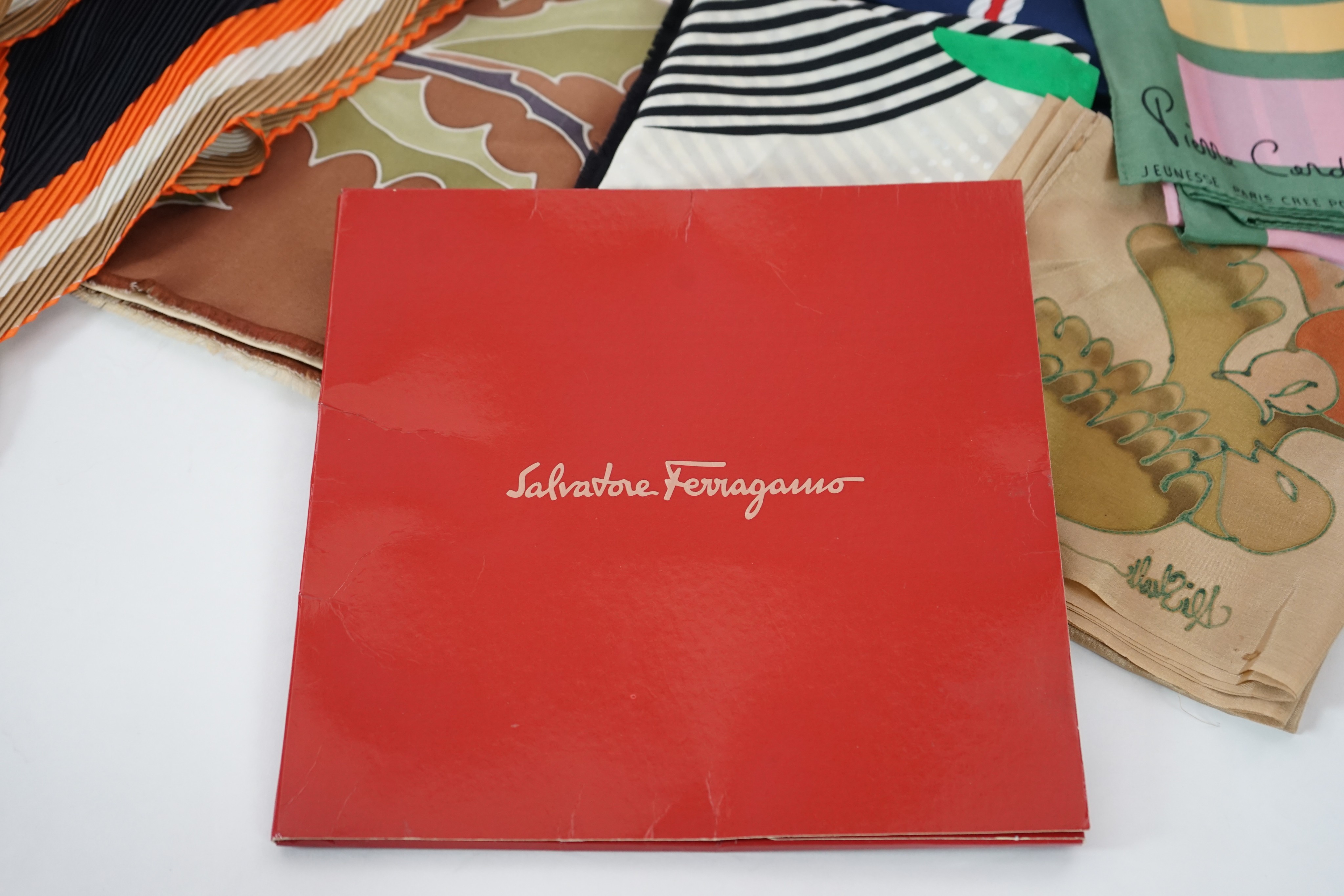 A group of eight silk scarves including Escada, Pierre Cardin, Lanvin, Salvatore Ferragamo and Kreier